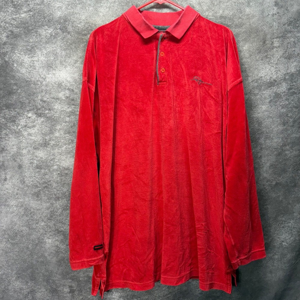 Vintage Y2K FUBU Red Velour Velvet Long Sleeve Polo Shirt Mens L Hip Hop Baggy